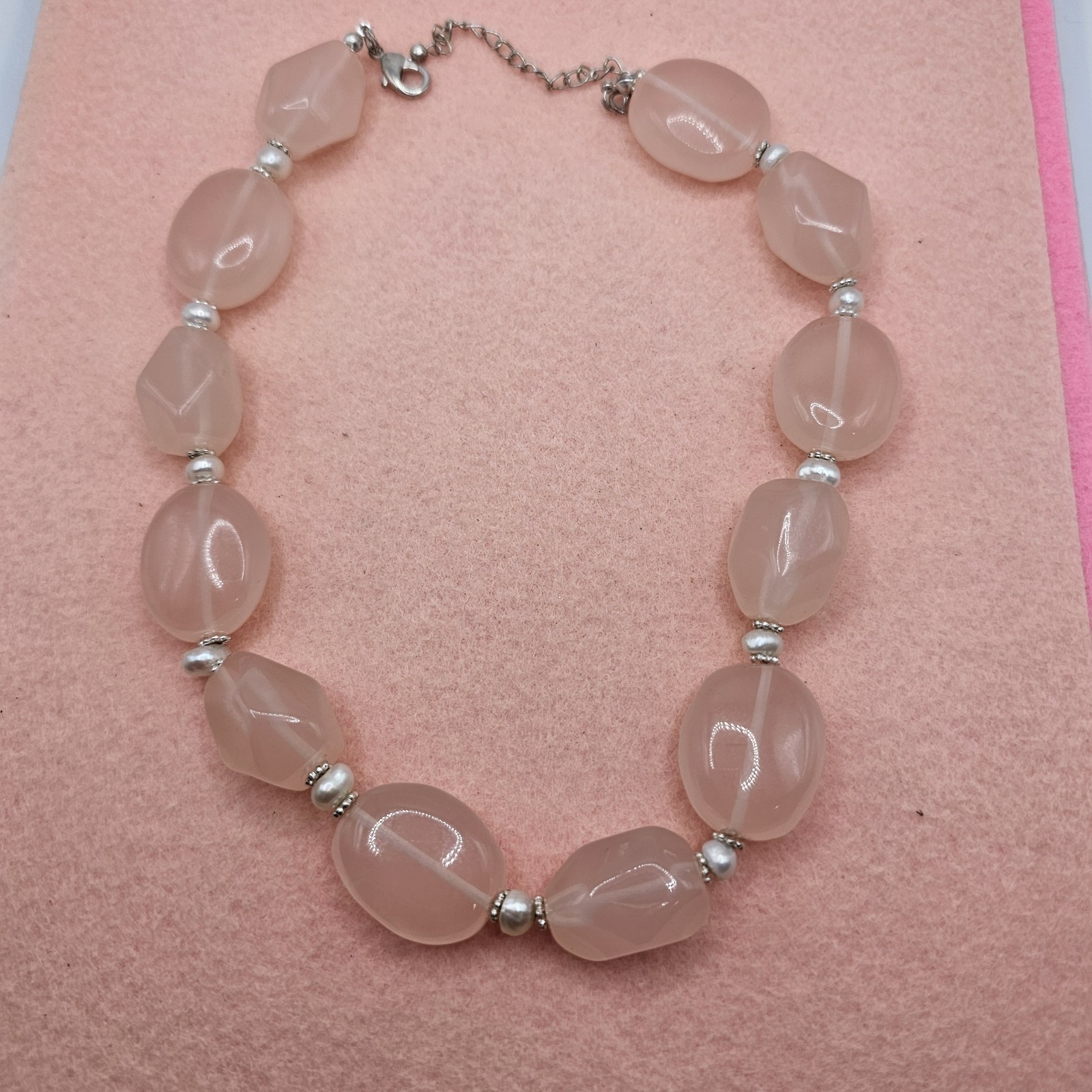 Pink Lucite Bead Necklace Statement Faux Pearls Silver-tone 19 Inch Glam
