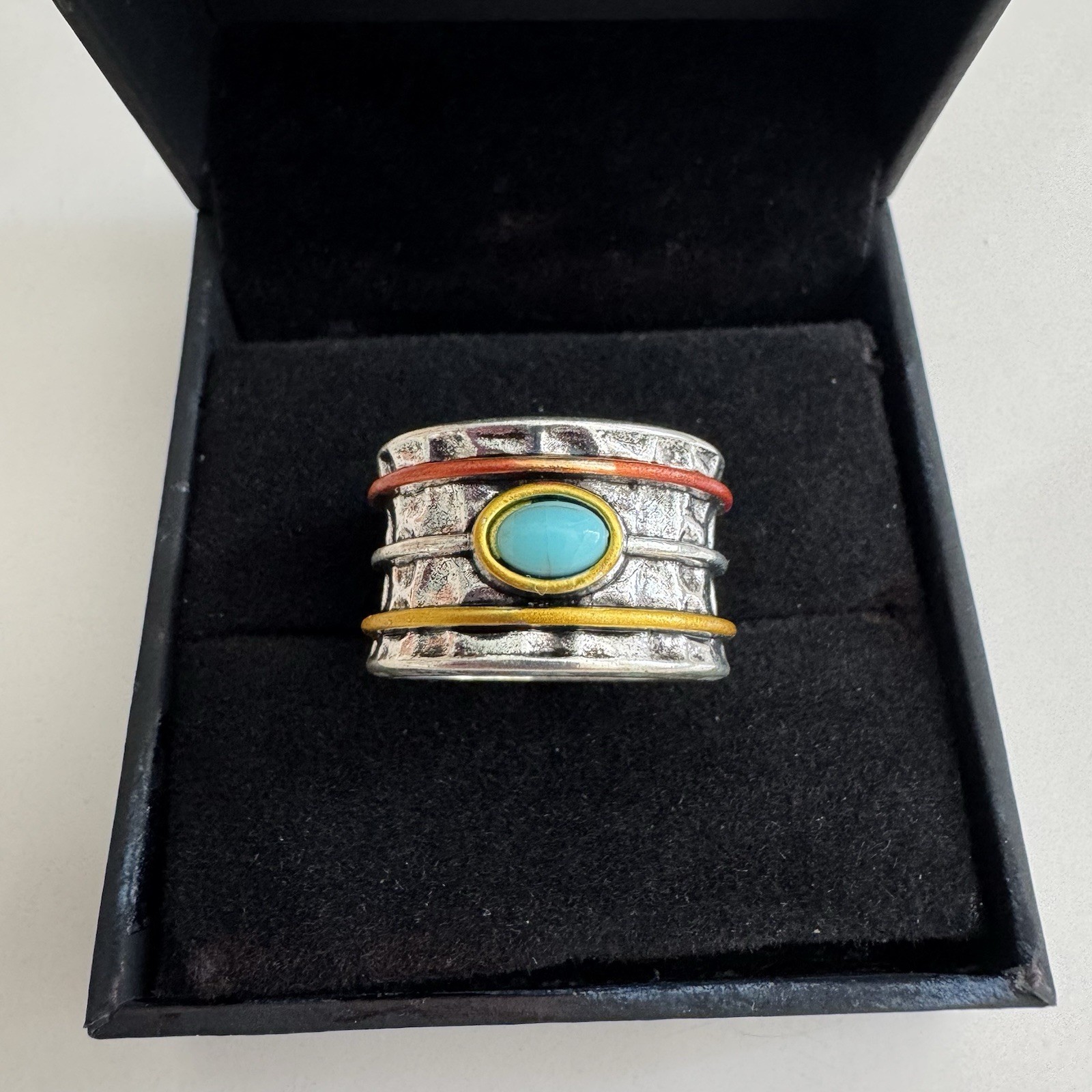 Turquoise Accent Wide Silver Band Ring with Colorful Wire Detailing Sz-7