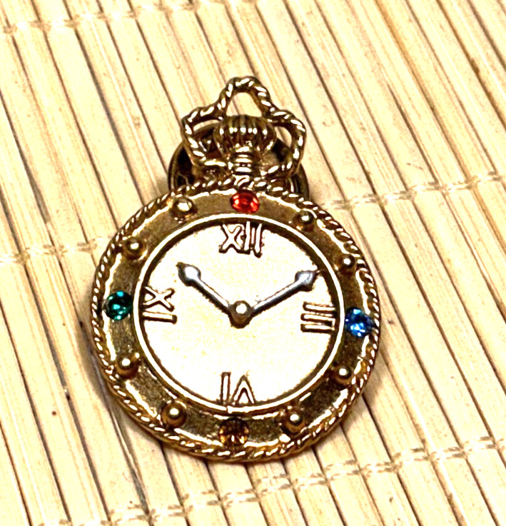 Fashion Pin Cast Gold Tone Multi Color Rhinestone Clock 93B