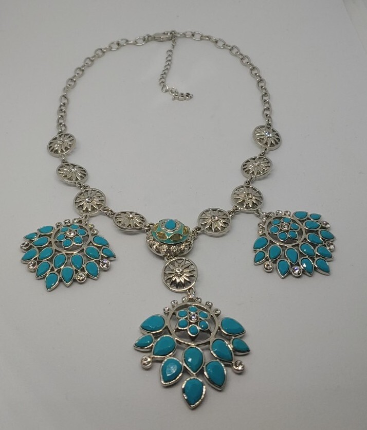 Allen Schwartz ABS Silver Tone Blue Lucite Rhinestone Statement Bib 18″ Necklace