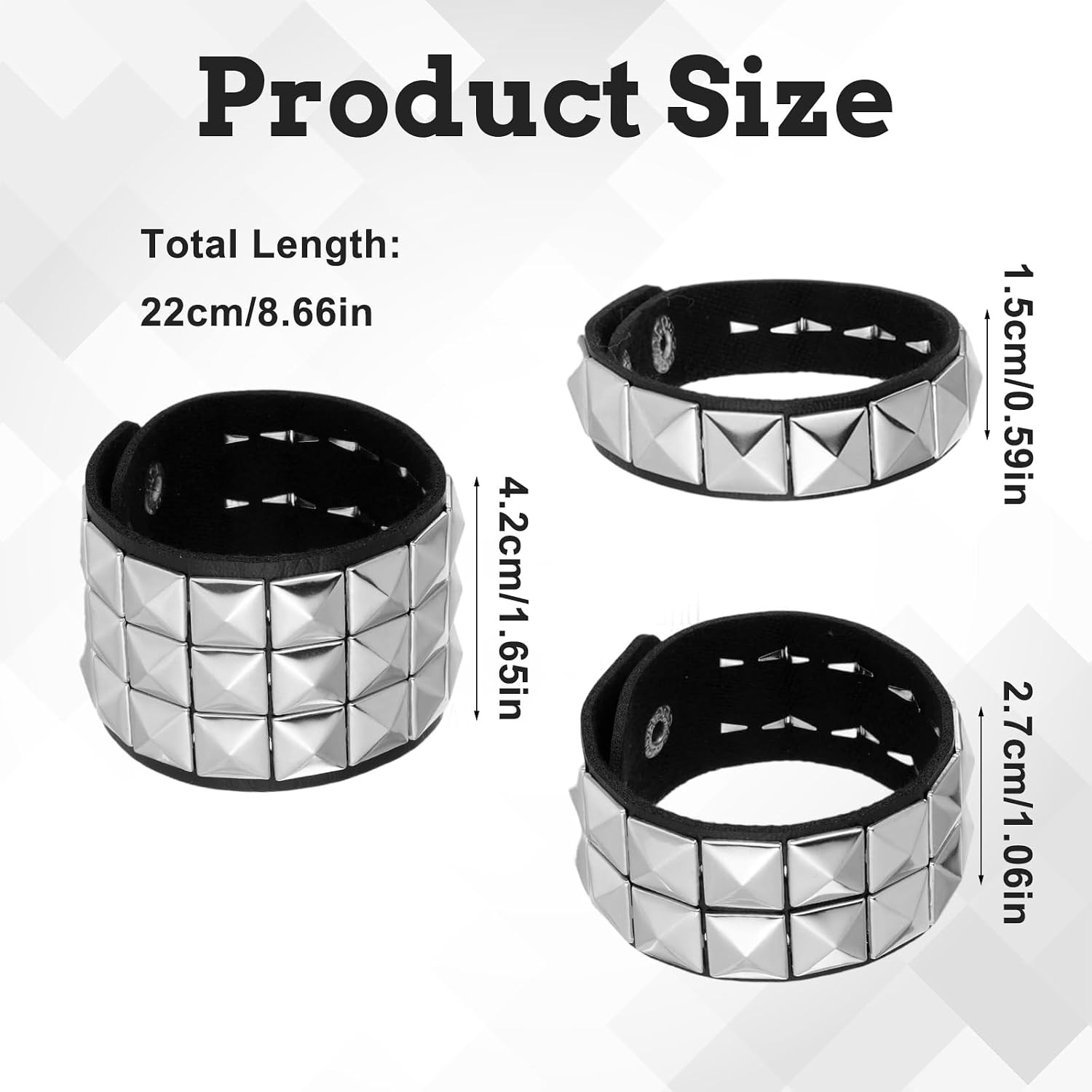 3 Piece Adjustable Goth Bracelets Punk Rock Studded Bracelets Black