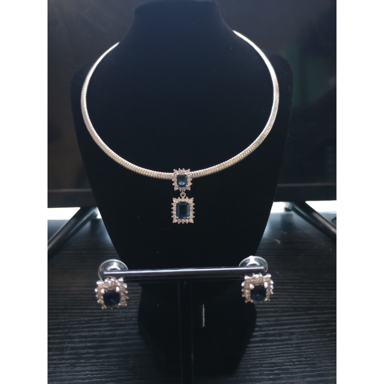 Roman Inc Blue Emerald Cut Crystal Halo Necklace & Stud Earring Set Silver Tone