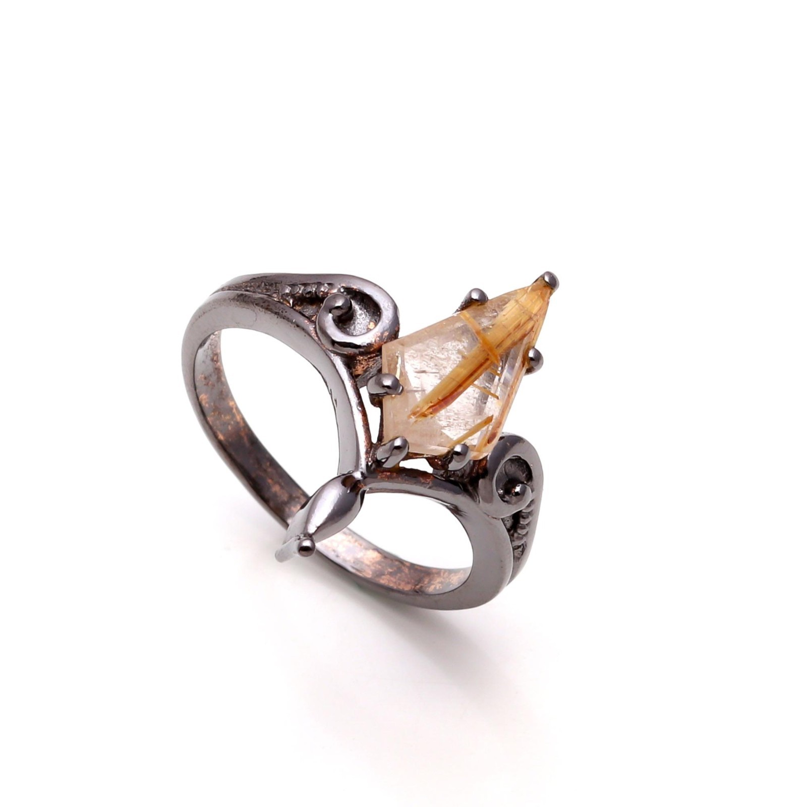 Golden Rutile Kite Ring Black Oxidized 925 Sterling Silver Jewelry For Lovers