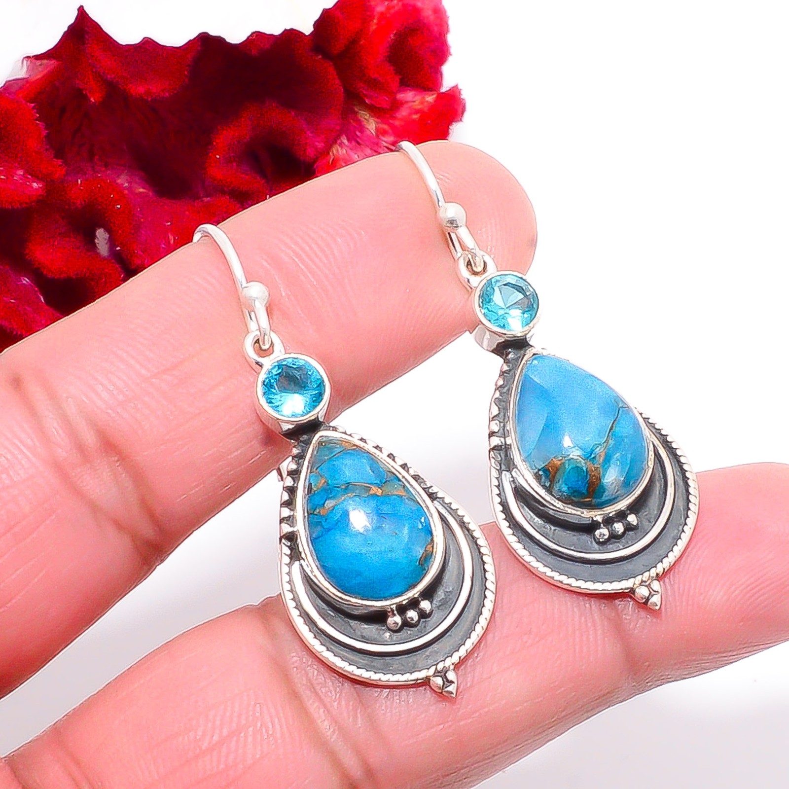 Copper Blue Turquoise & Blue Topaz Oxidised 925 Sterling Silver Earring 1.76 S30
