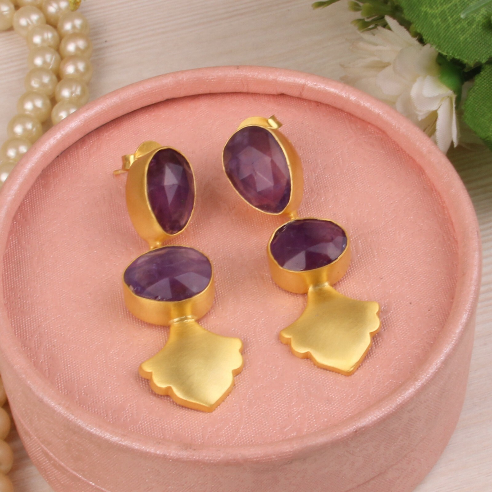 Amethyst Gemstone Gold Plated Dangle Earrings Handmade Gemstone Jewelry Women