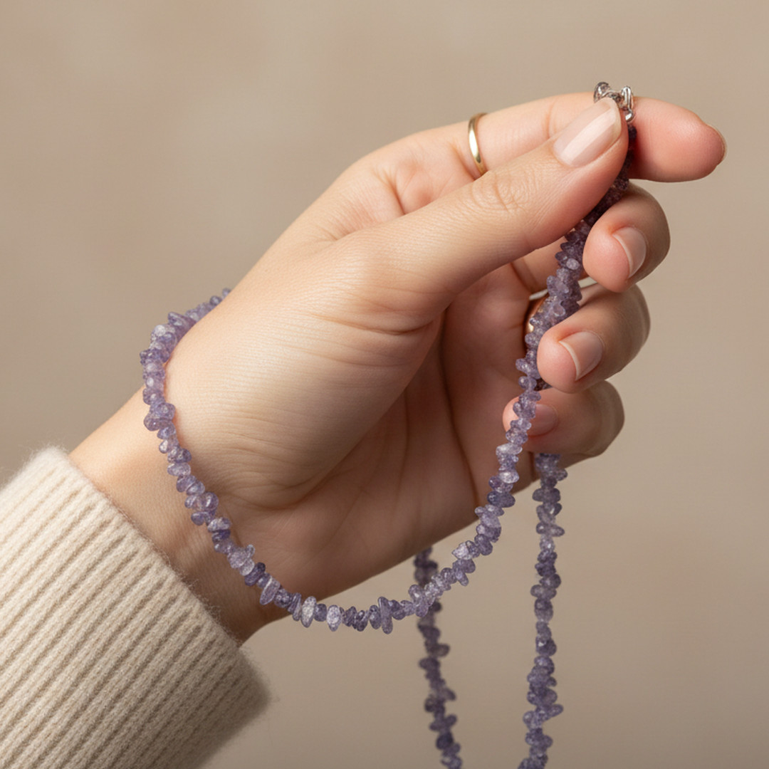 Tanzanite Rough Nugget Beaded Long Necklace in 925 Sterling Silver, 24 Inch