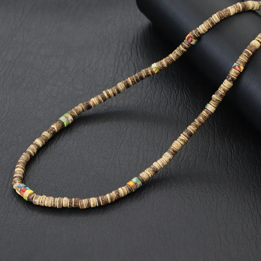 Natural Coconut Wood Necklace 19 Inch Round Bead Rope Chain Men Jewelry
