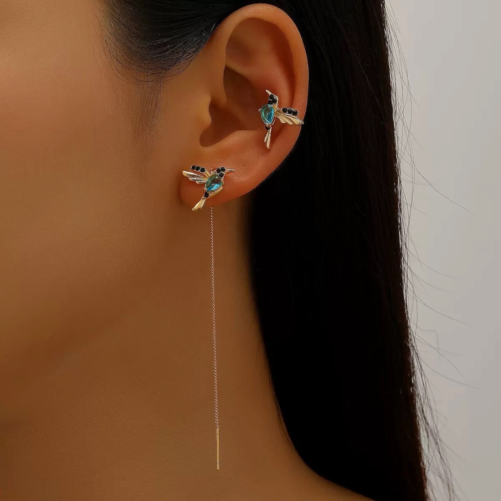 Silver Plated Drop Tassel Hummingbird Earrings Stud Threader Dangle B86