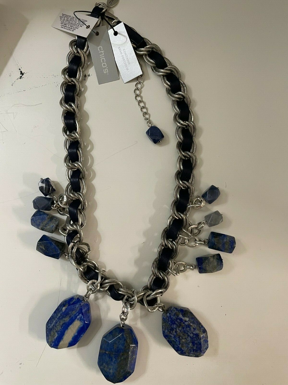 Chico’s Blue Lapis Pendant Silver Rope Necklace 20-24″ Adjustable all occasion