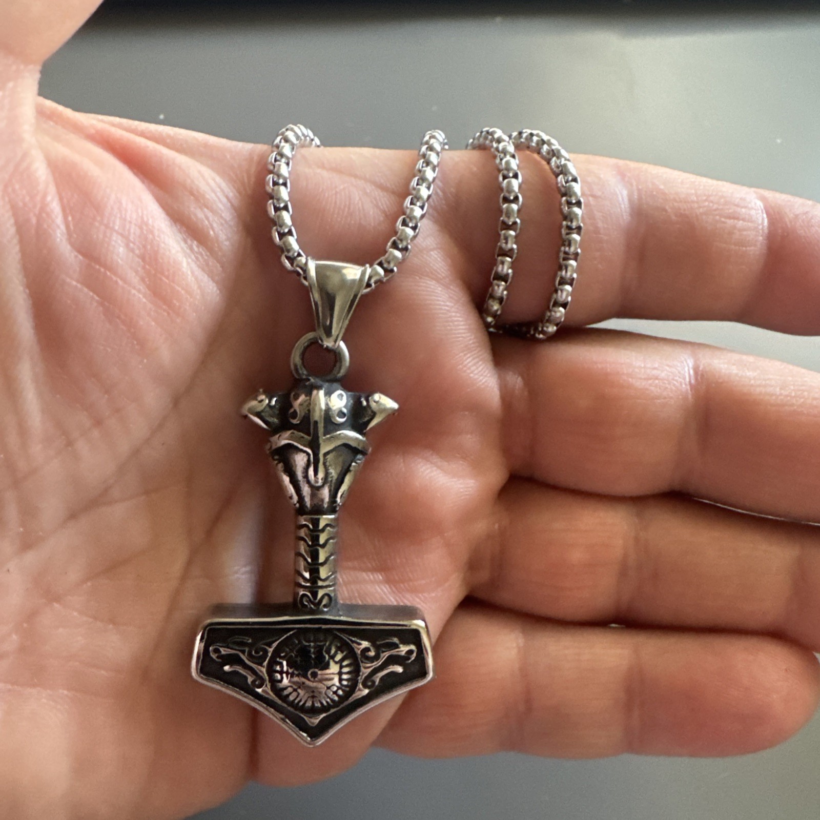 Mjolnir Hammer Stainless Steel Thor Pendant Nordic Viking 24” Box Chain Gift