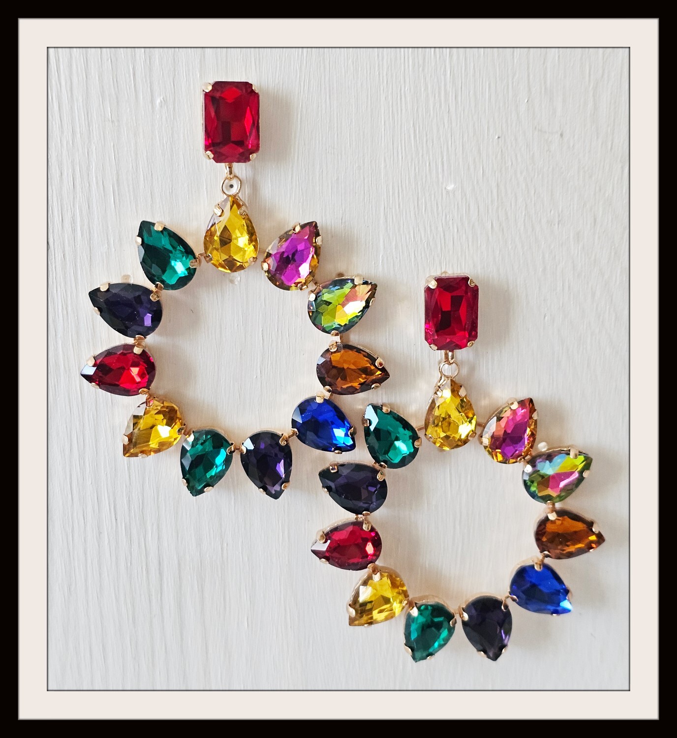 Large Multi Color Crystal Hoop Earrings Drag Queen Special Occasion