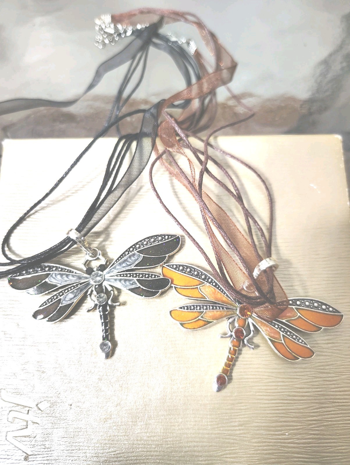 2 Dragonfly Enamel Pendant Necklaces Cord Chains, Black Velvet Jewelry Bag