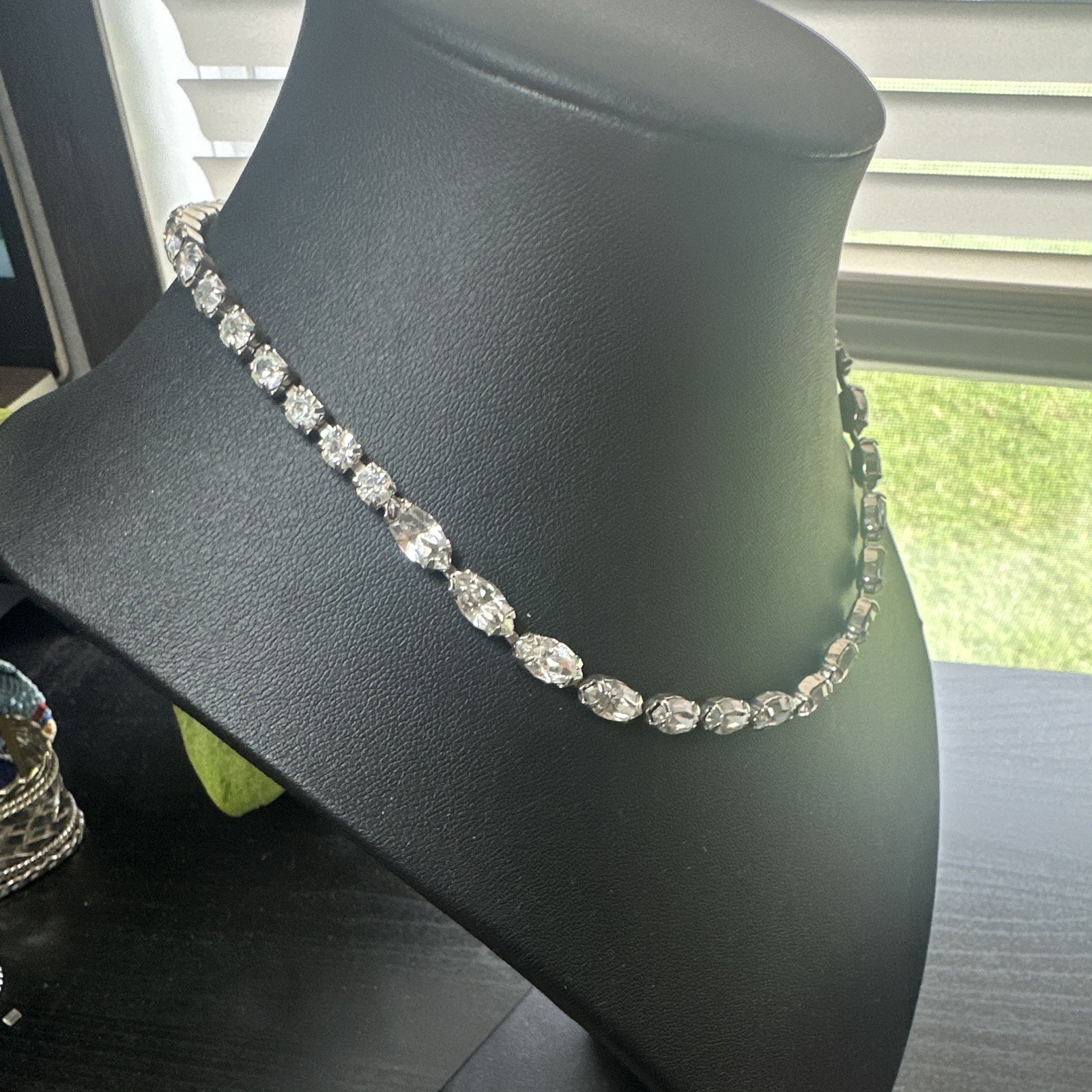 WEISS Signed Silver Tone Clear Crystal Tennis Choker Necklace Hook 12-18in