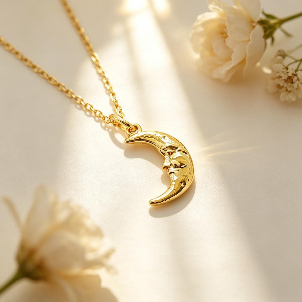 Solid Moon Pendant Necklace 14K Gold 3D Crescent Man Half Moon Charm Astrology