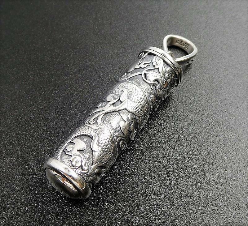 925 Sterling Silver Ornate Detailed Dragon Cylinder Prayer Box Locket Pendant