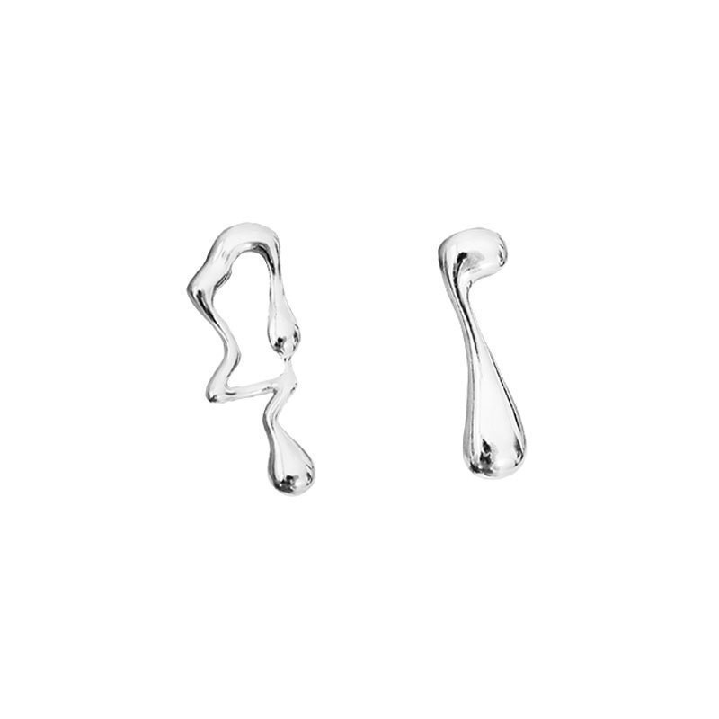 Asymmetric Lava Liquid Melt Silver Drop Earrings Abstract Molten Studs Set