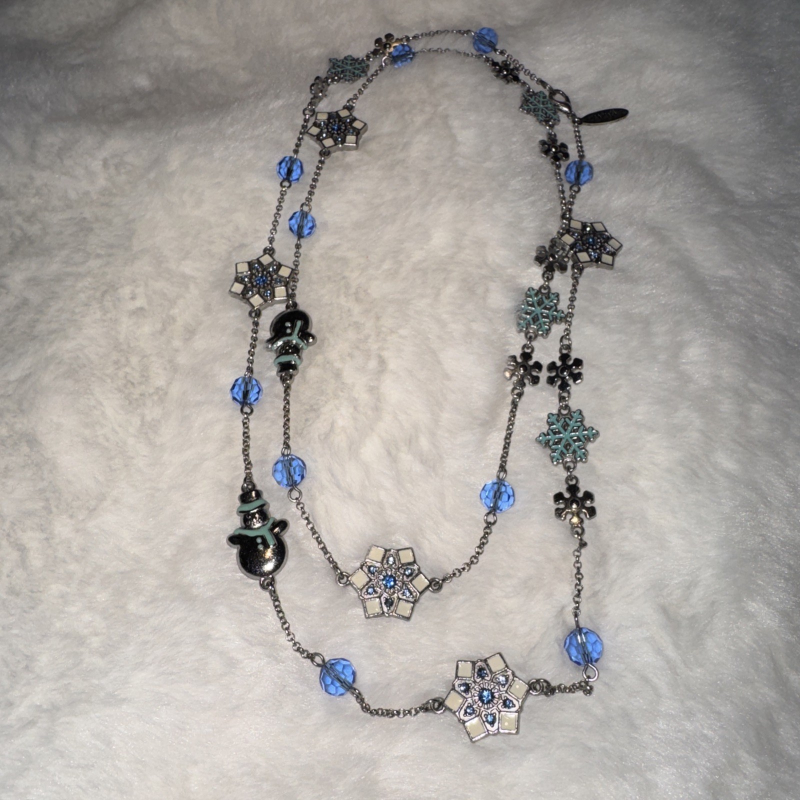 Vintage January Snowman Snowflake Layering Necklace 36 Inches Rhinestone Enamel