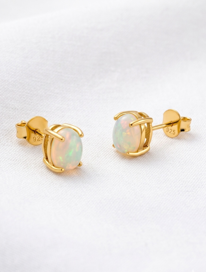 Handmade Brass Gold Color Fancy Unique Opal Studs Eyerrings Comes With Chain.