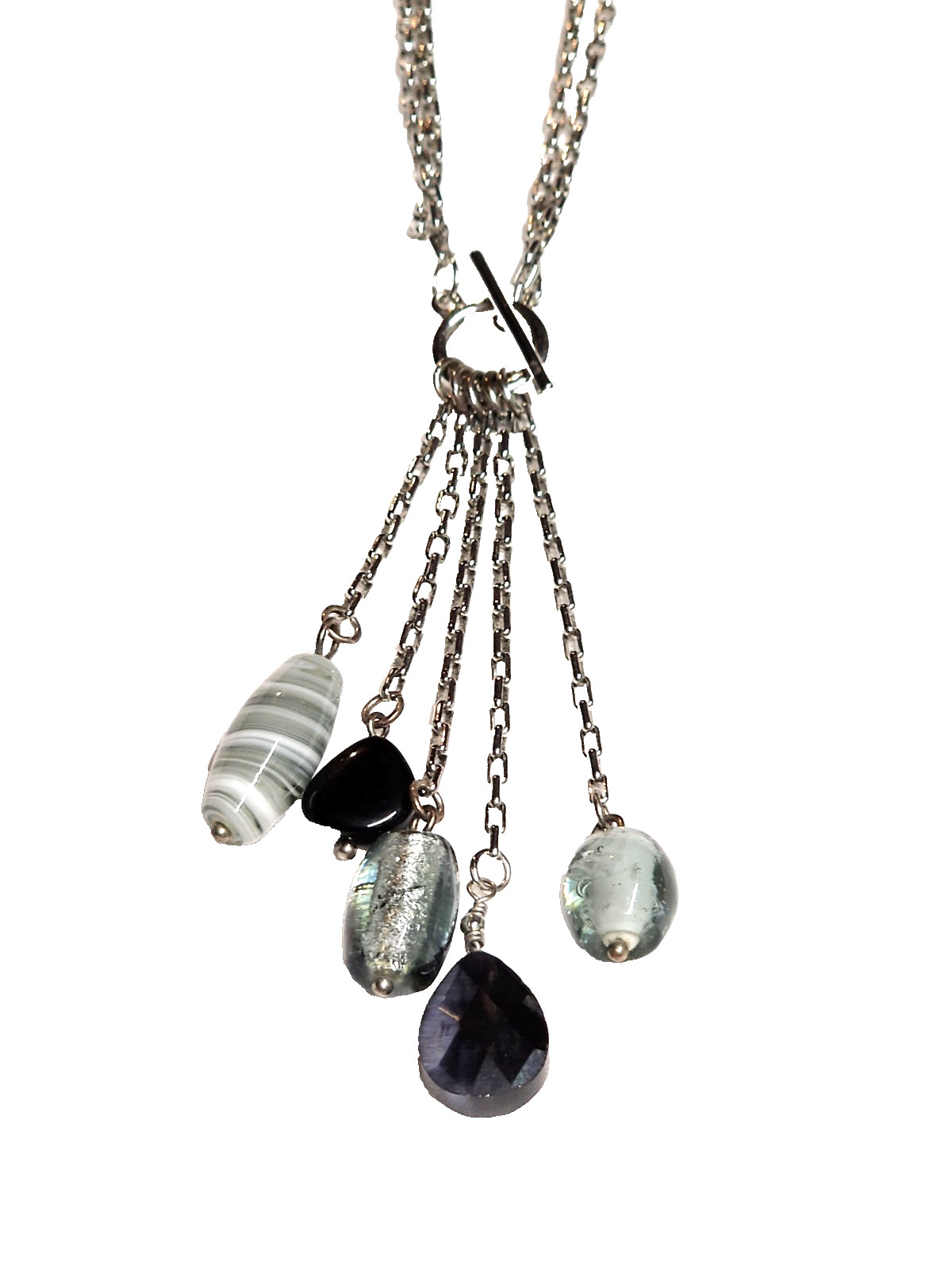 Black Gray Silver Tone Art Glass Bead Tassel Pendant Necklace 14″ Choker GUC