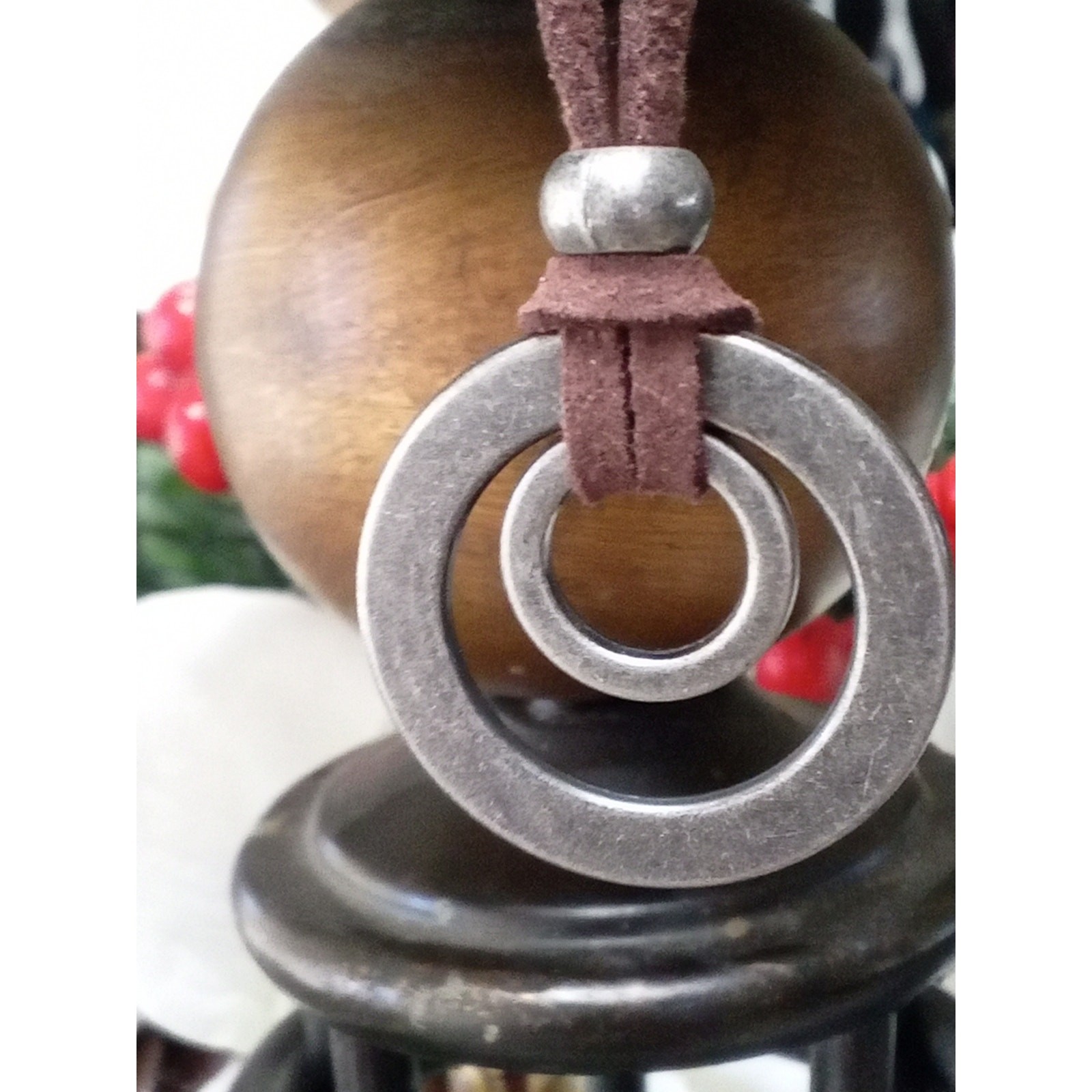 Unbranded Brown Suede Necklace with Antique Silver Rings