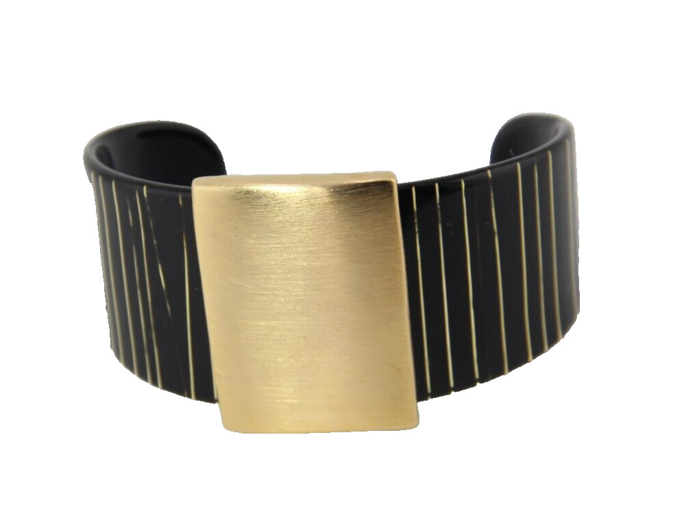 Vintage Black and Gold Tone Strips Acetate Plastic And Metal Cuff Bracelet 80s