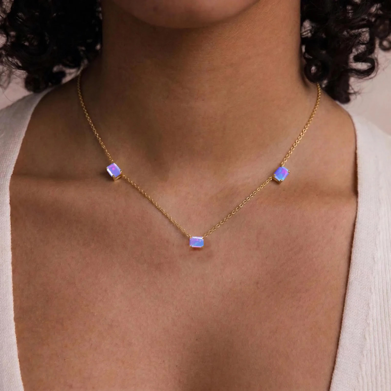 AAA Lavender Fire Opal Necklace Gold, Octagon Opal Station Necklace