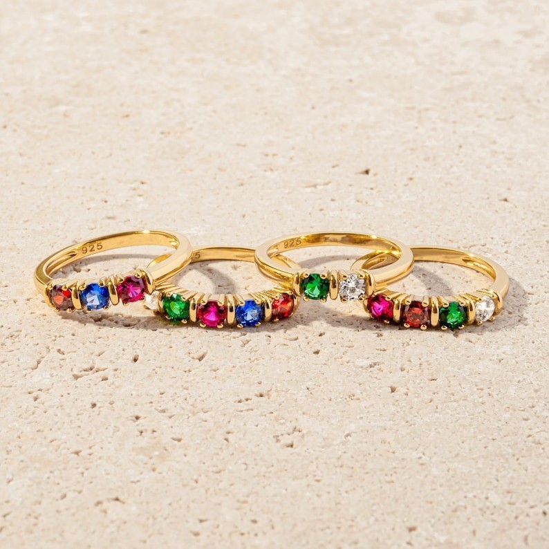 925 Gold Plated Rainbow Ring Multi Color Gemstone Band Jewelry Gift Women