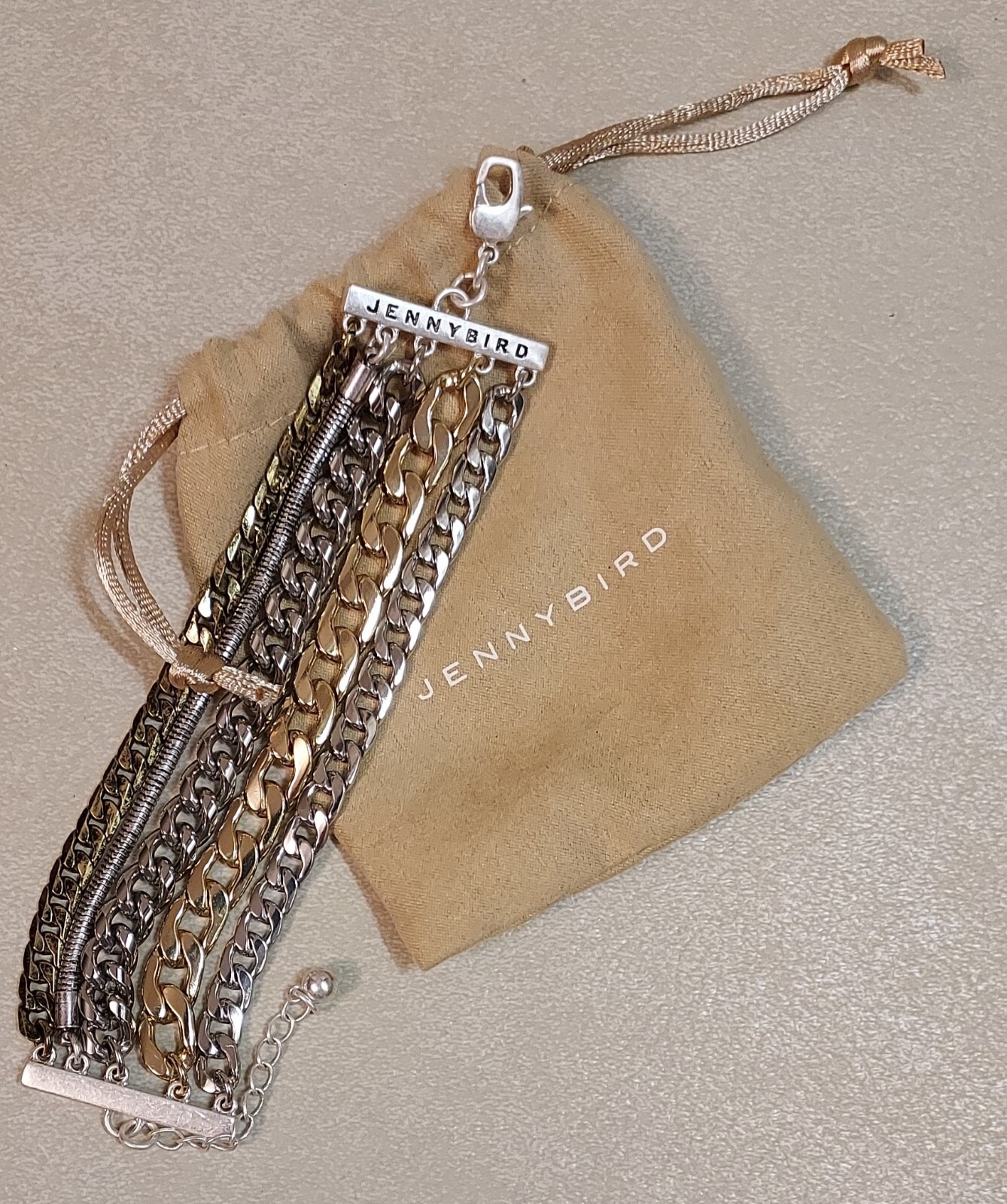 Signed Jenny Bird Multi Chain Bracelet Curb Link Snake Chain With Pouch