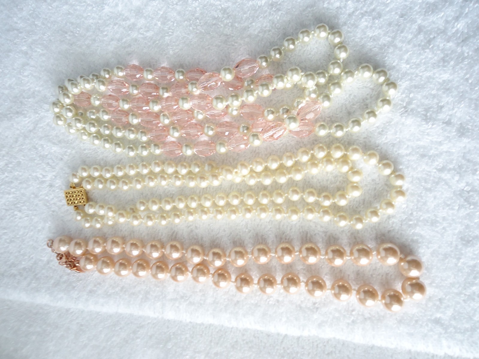 3 Faux Pearl Necklaces Cream, White, Pale Peach Color W/Pale Pink Glass Beads
