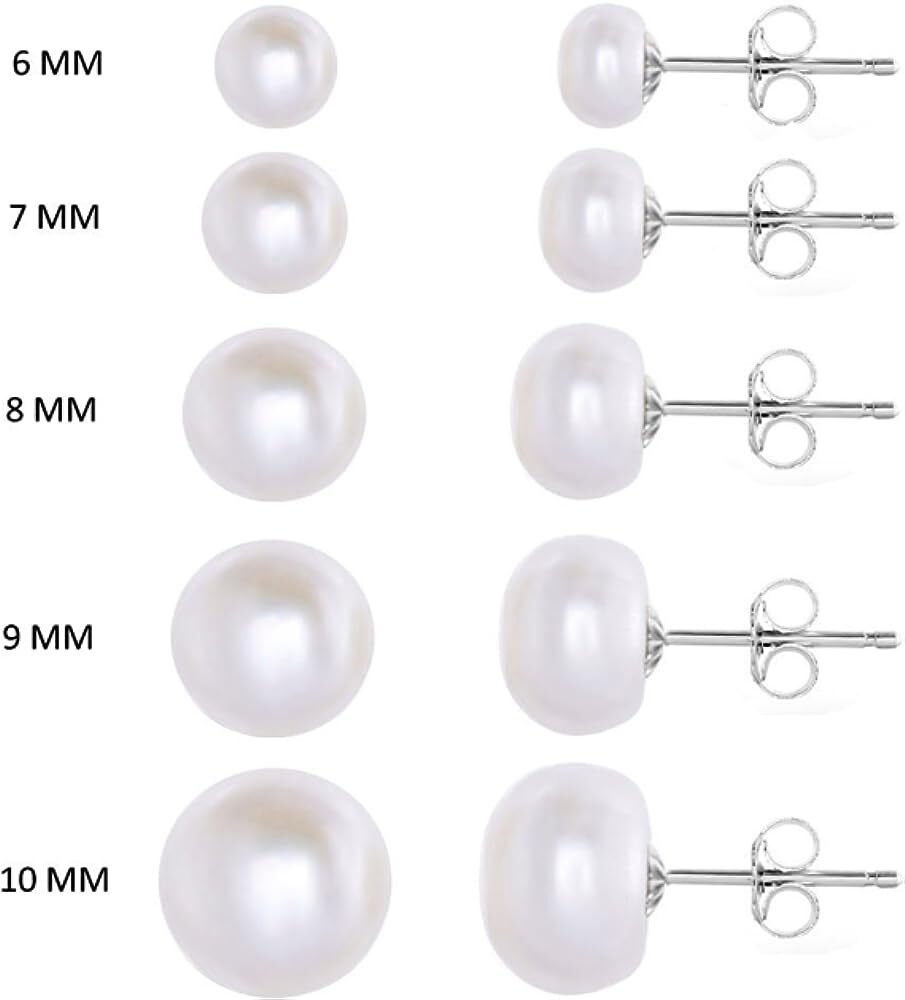 Genuine White Cultured Freshwater Pearl Stud Earrings 925 Silver 6/7/8/10mm USA