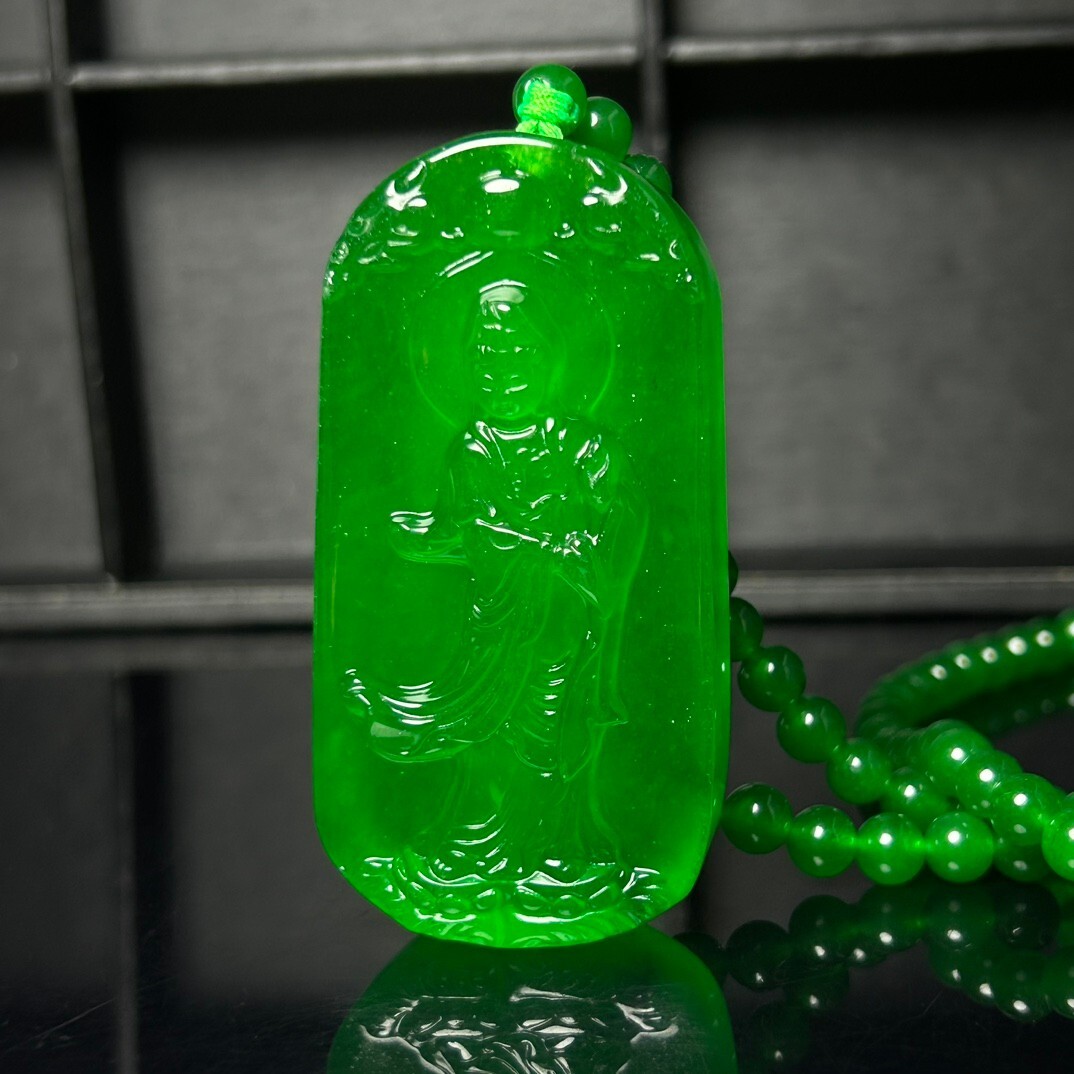 Certified Natural Ice Green jade Jadeite Carved Guanyin Pendant&Necklaces 站观音