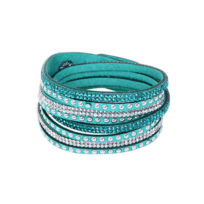 Women Leather Wrap Wristband Cuff Rock Punk Crystal Rhinestone Bracelet Bangle