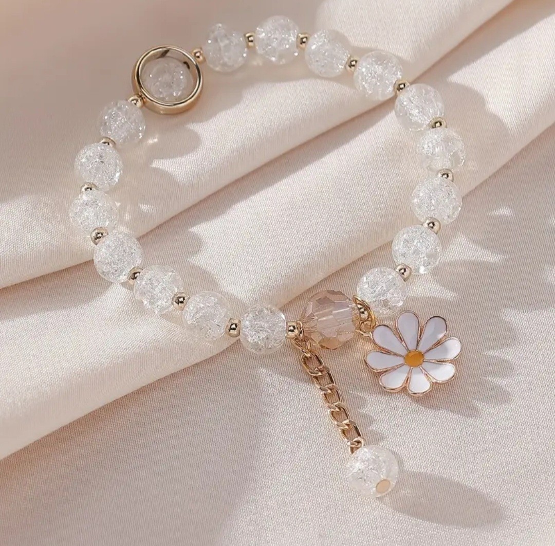 Daisy Bracelet Cracked Glass Beads Summer Floral Stretch Next Day Shipping
