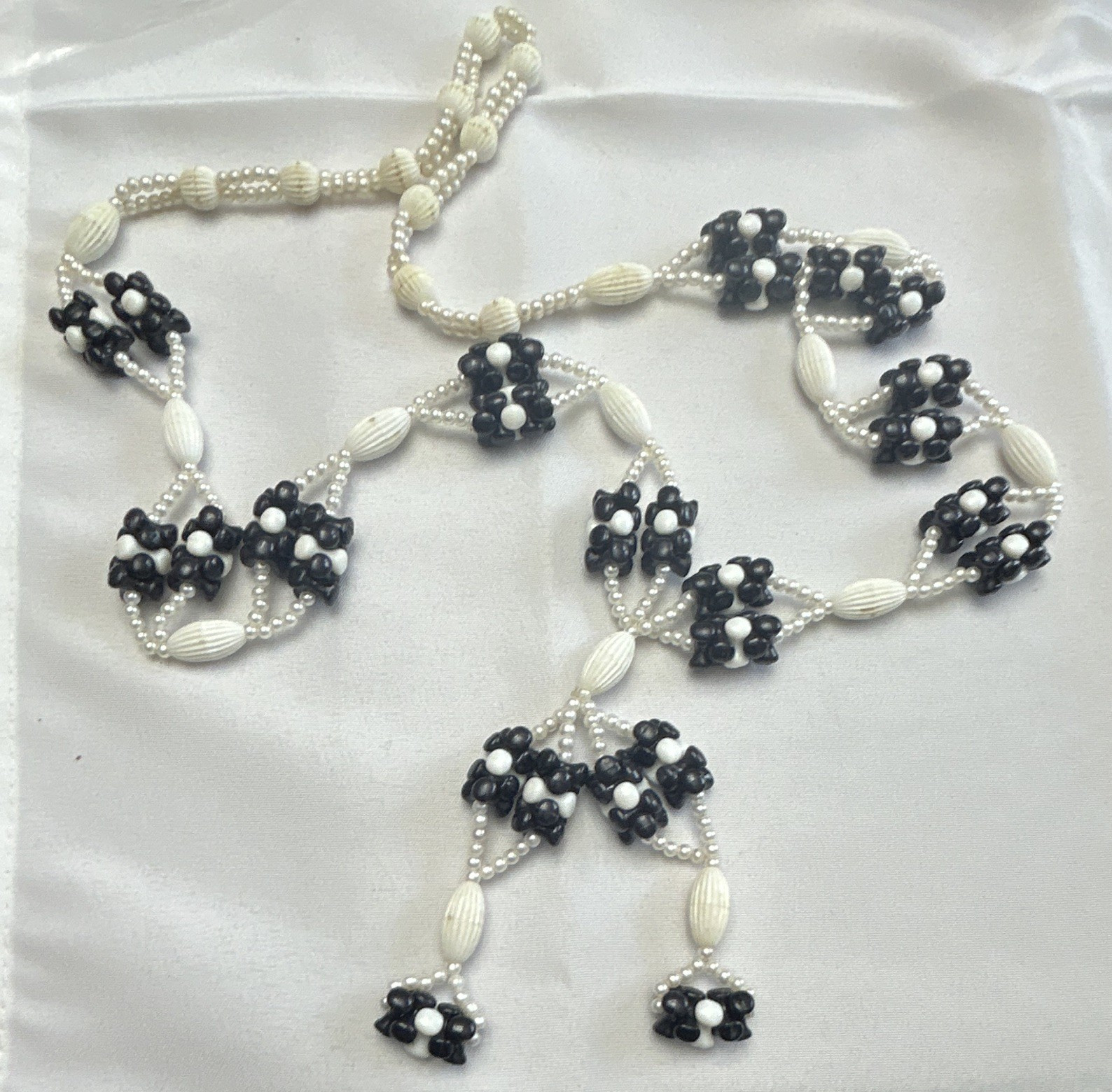 Black & White Beaded Necklace with Drop Pendant, Beaded Chain