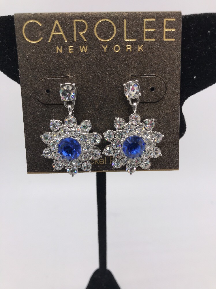 $40 Carolee Blue & Clear Crystal Flower Drop Earrings C1A