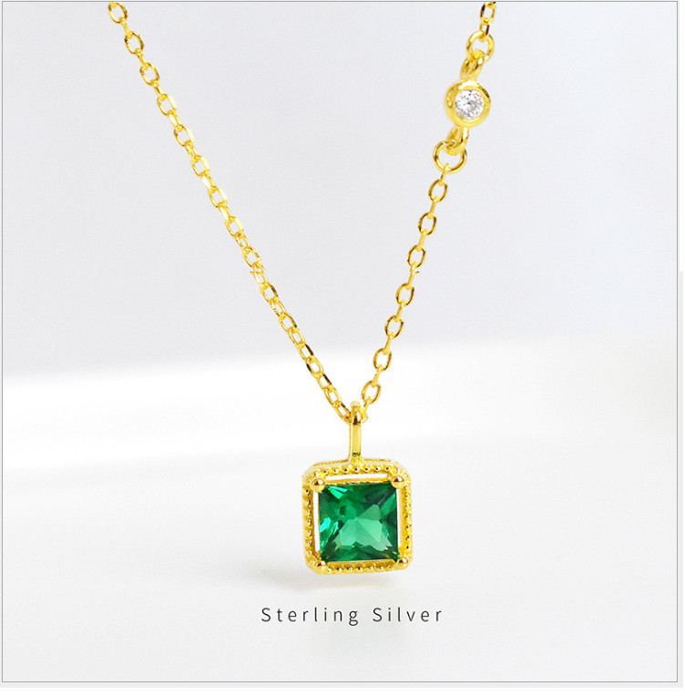 14k Gold Plated Sterling Silver Square Green CZ Pendant Necklace Gift Box D24