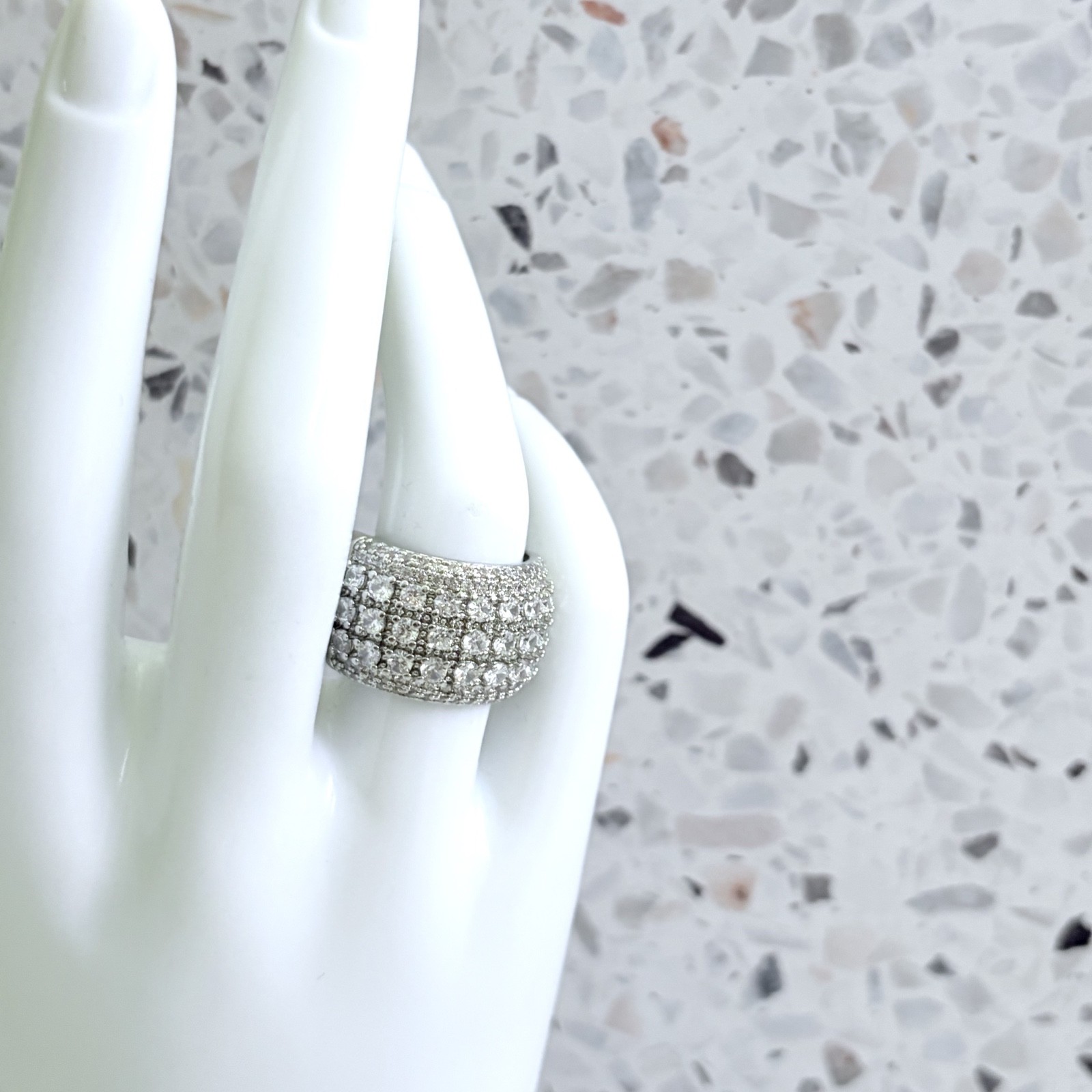 14k White Gold & 925 Sterling Simulated Sapphire Pave Set Band Women’s Ring