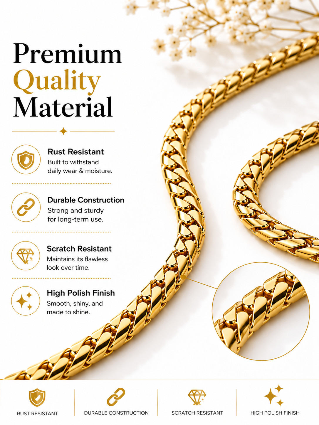 Premium Gold Finish Stainless Steel Chain 22 Inch Unisex Necklace for Men Women
