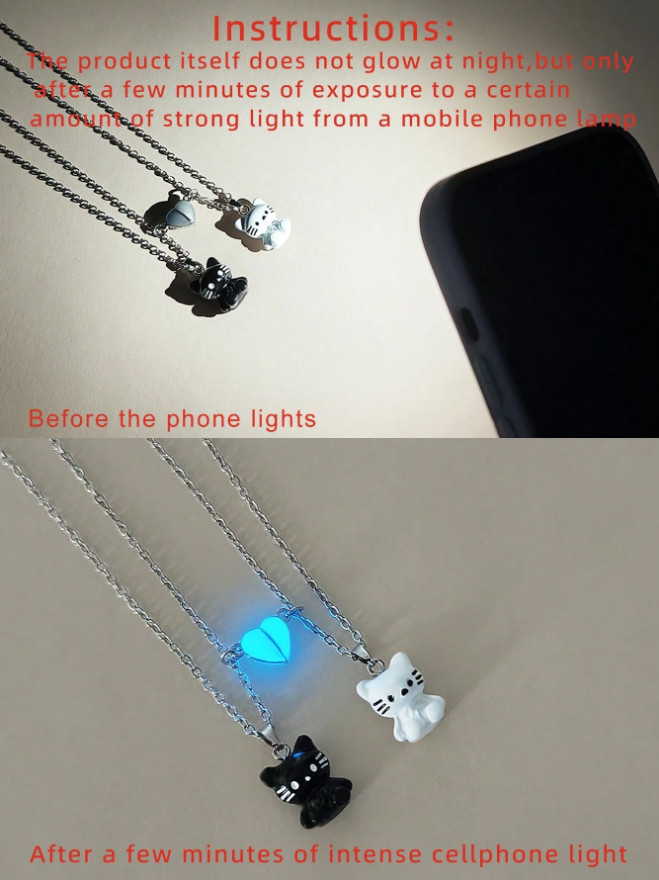 2PCS Couple Necklace Glow In The Dark Kitten Pendant Magnetic Gift Fot Her BFF