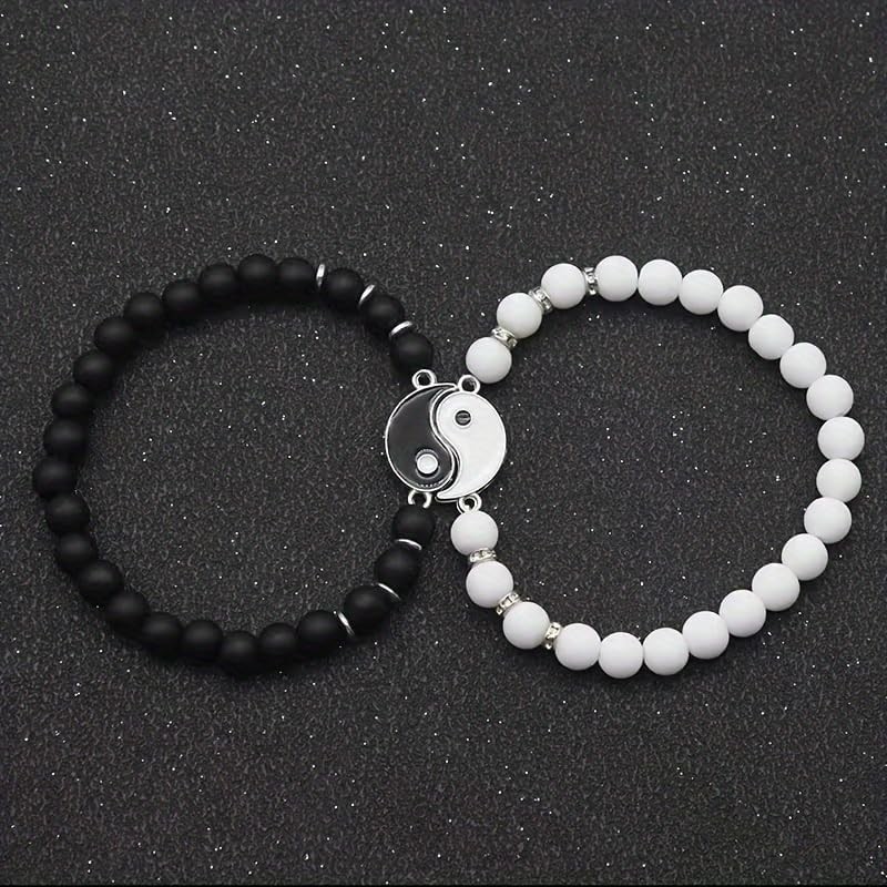 2 Pcs Yin Yang Tai Chi Bracelets, Elegant Vintage Style Beaded Bracelets