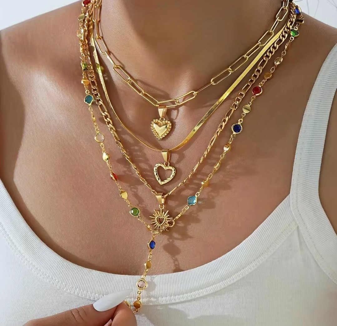4PCS Gold Layered Necklace Set Heart Pendant Multilayer Chain Women Gift