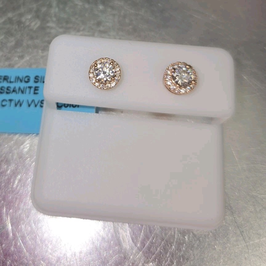 Sterling Silver Rose Gold Over Moissanite Halo .59 ctw 6mm