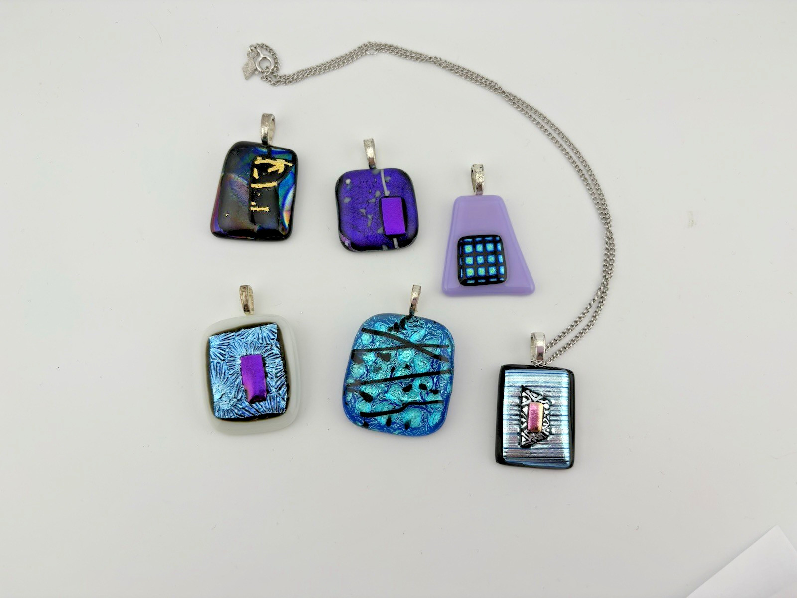 Dichroic Glass Pendant Set Multi Color Geometric Shapes Artisan Handmade