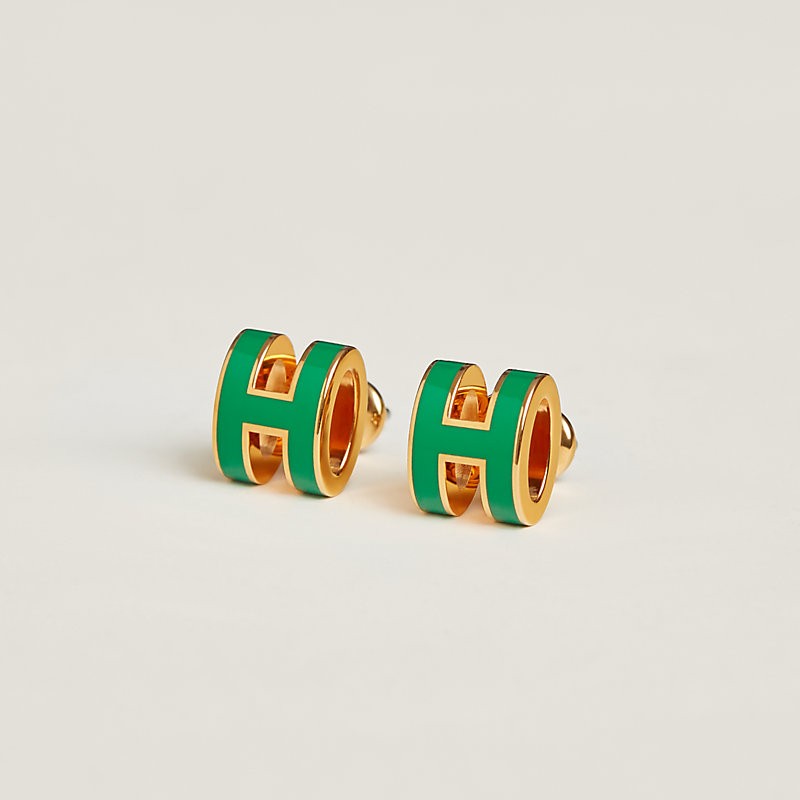 Authentic Hermes Mini Pop H Earrings Green Vert Yellow Gold Plated New No Box