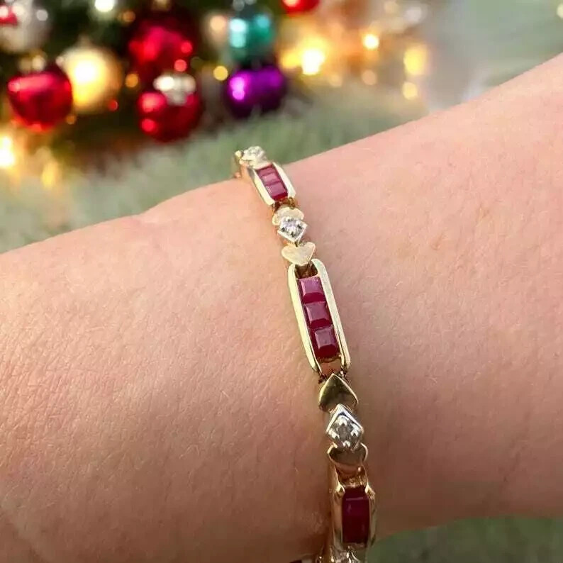6 Ct Princess Simulated Ruby 925 Yellow Sterling Silver Stunning Tennis Bracelet
