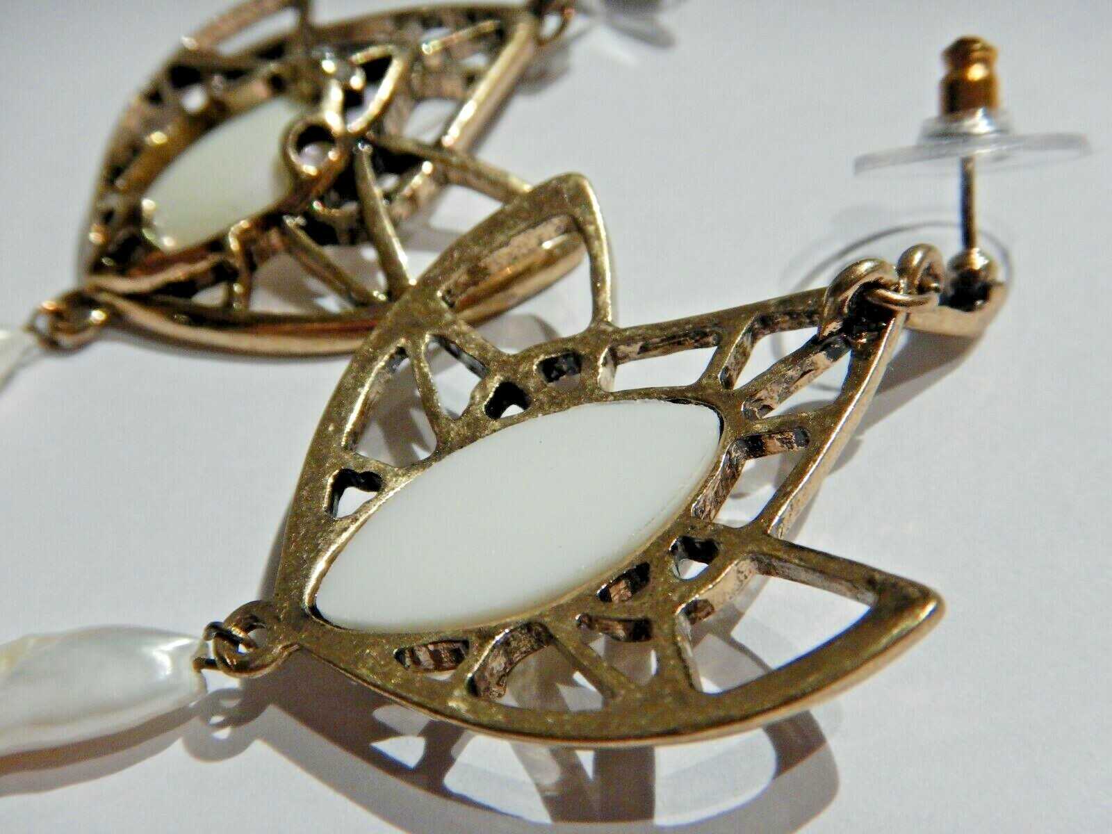 ART DECO LOTUS EARRINGS brass real keshi pearl nouveau geometric flower white V5