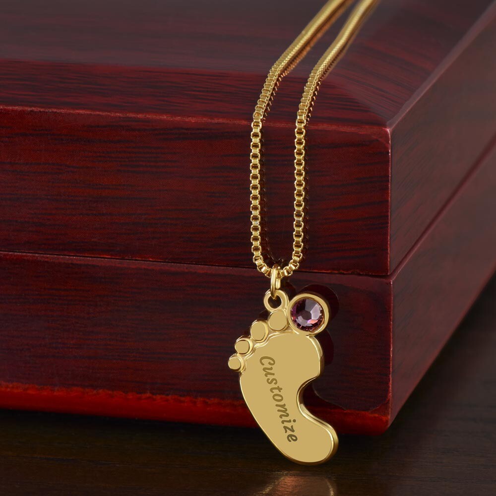Personalized Engraved Baby Feet Necklace With Birthstone