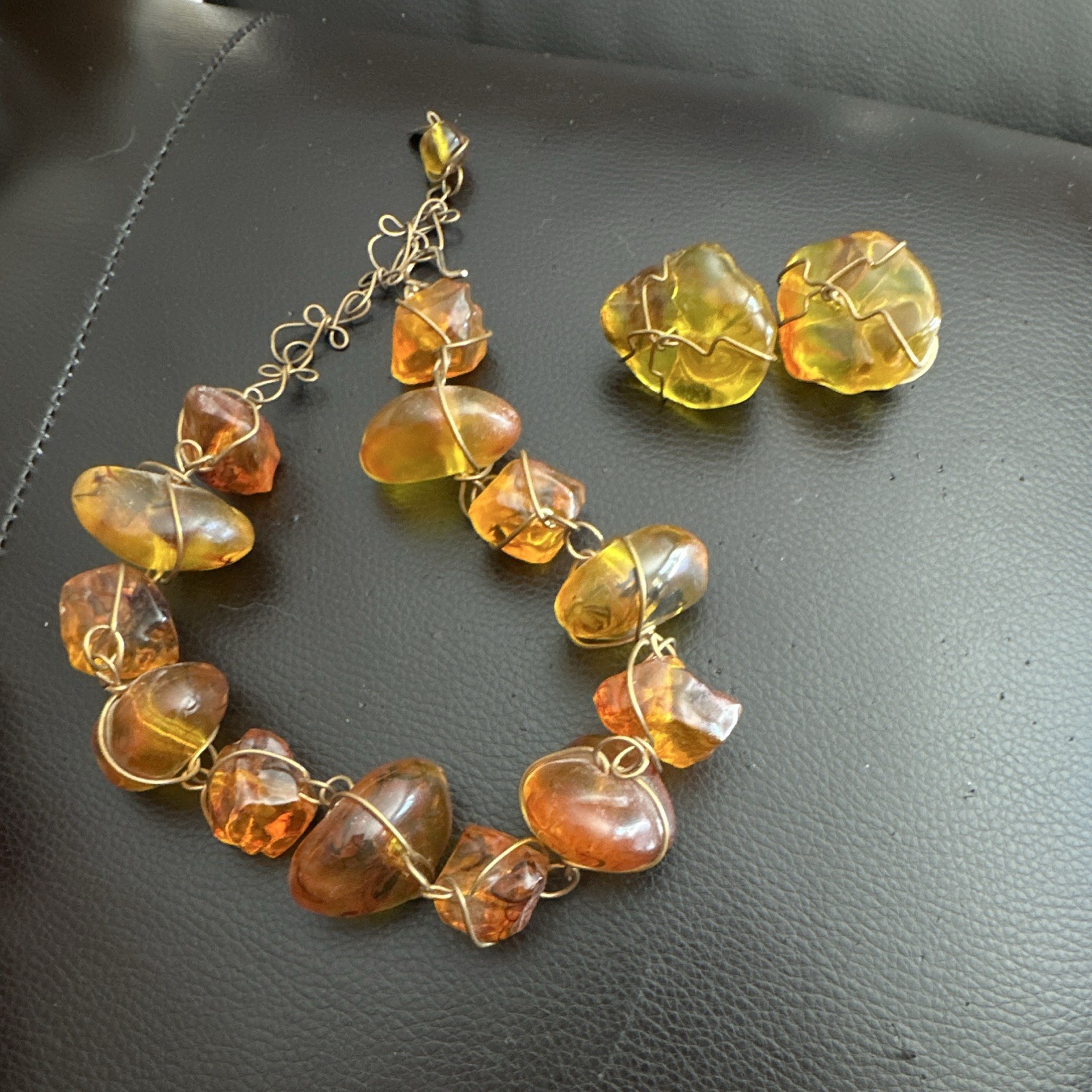 ABRA Signed Amber Freeform Beaded Wire Wrap Necklace Link & Clip On Earrings