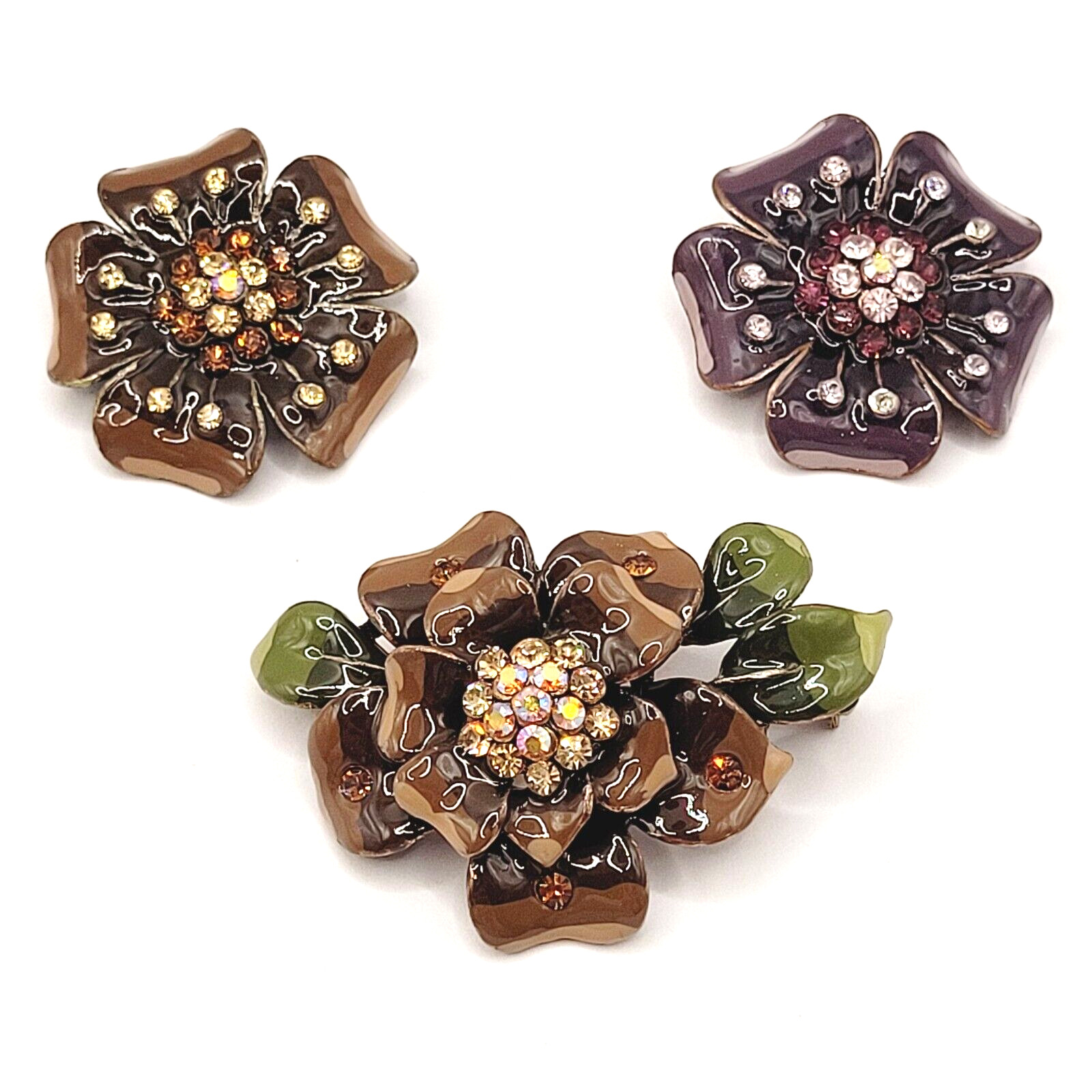 3 Flowers Sparkling Rhinestone Glossy Enamel Metal Floral Trio Brooch Pin Set