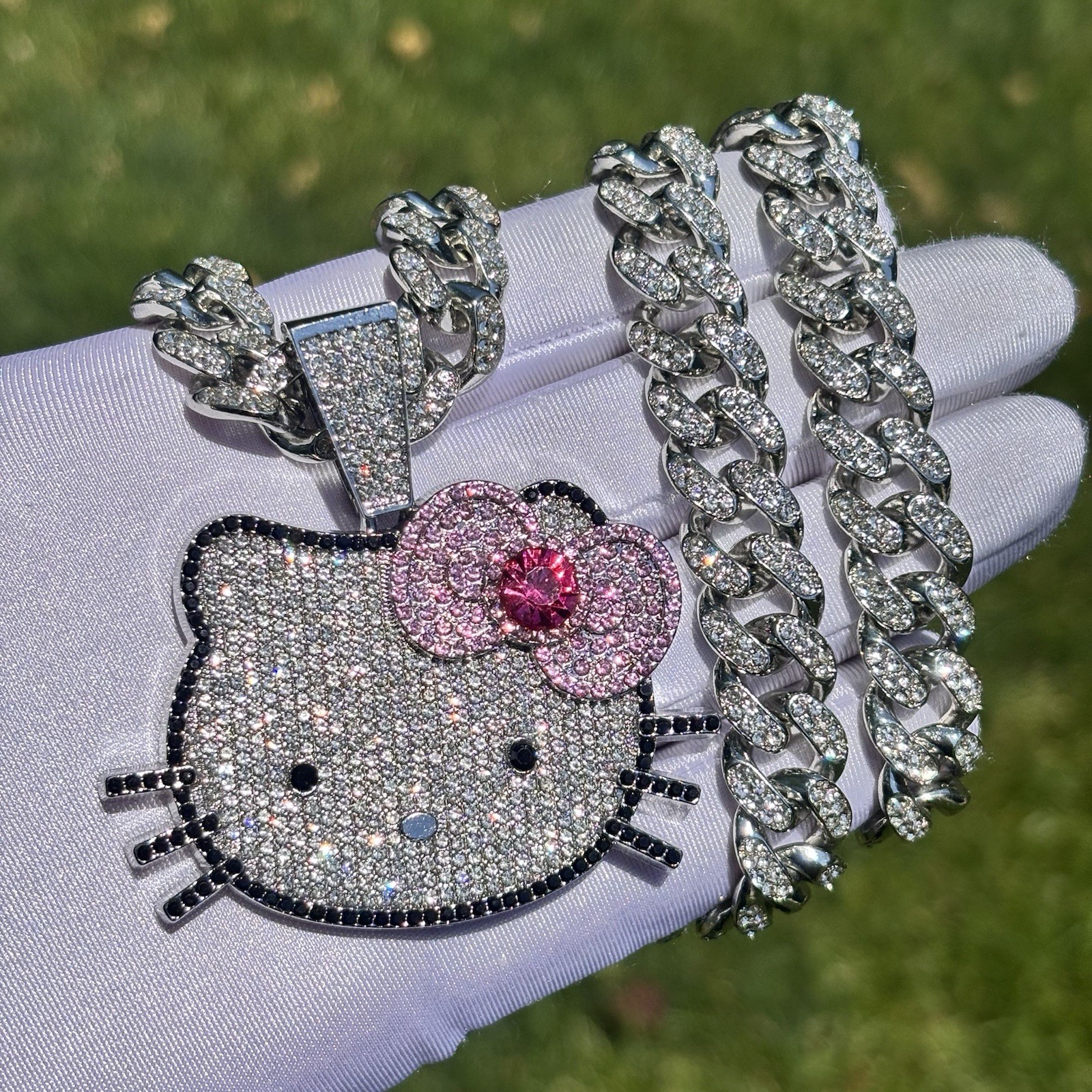 Hello Kitty Pendant / Iced out Cuban Link Chain Necklace White Gold Plated